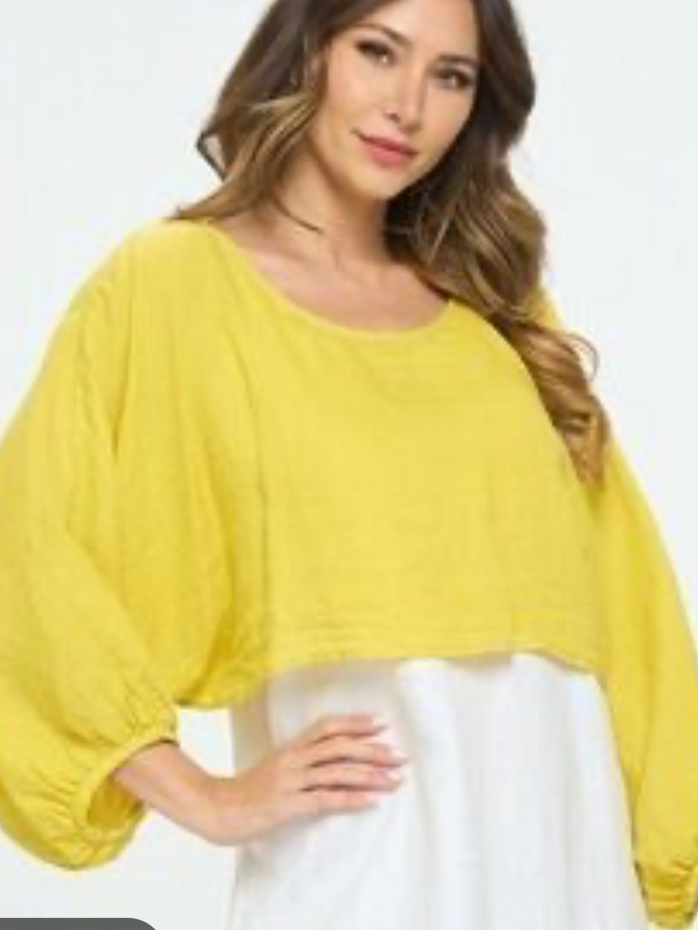 Linen Dolman Sleeve Cropped Top In Lemon-Lime. Vacations Ready. Classic Linen